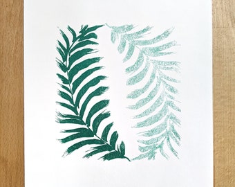 A4 originele botanische print - handbedrukte linosnede bladeren voor home decor, limited edition groene kunst aan de muur, moderne kunst geschenken voor plantenliefhebbers