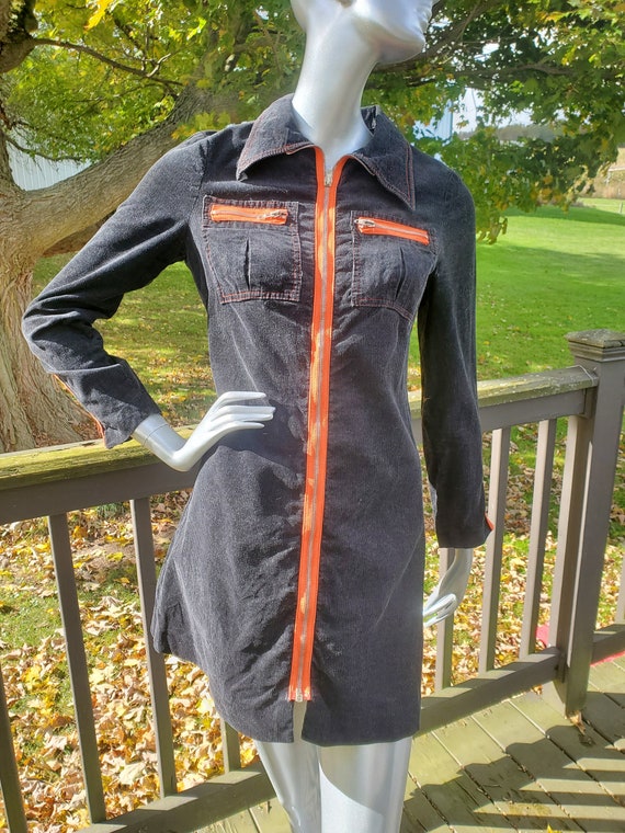 Vintage Mod Black Corduroy Zip Up Mini Dress with 