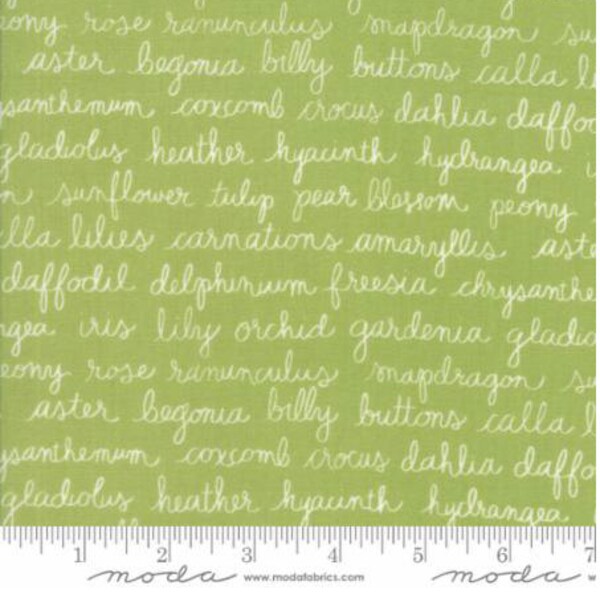 Green Text Fabric by Lella Boutique, Olive's Flower Market for MODA fabrics