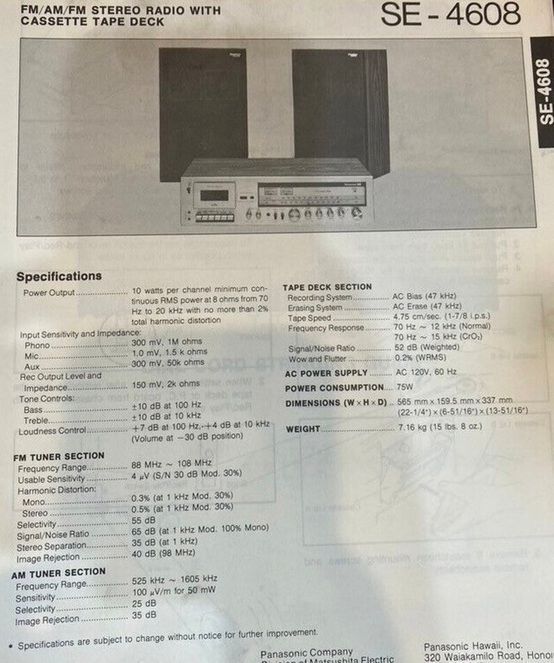 Panasonic FM/AM Stereo Radio Cassette Tape Deck Receiver SE4608 Great