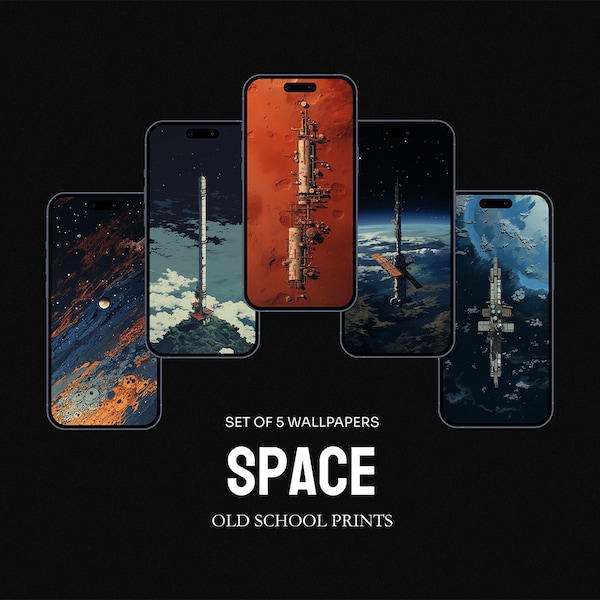 5 Phone Wallpapers: Retro Space Odyssey Style Space Stations, Moons, and Martian Habitats, Digital Download for iPhone and Android