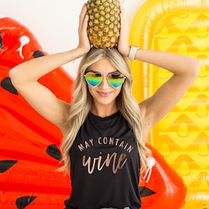 Funny Wine Tank - May Contain Wine - Women&#39;s Scoop Neck Muscle Tank - Summer Motivational Feminist Fun Sarcasm Wino Gift Wine Lovers Drink
