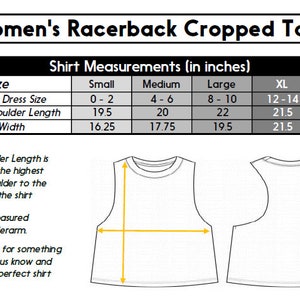 May include: A size chart for a racerback cropped tank top. The chart shows the suggested dress size, high point shoulder length, and body width in inches for sizes small, medium, large, XL, and XXL.