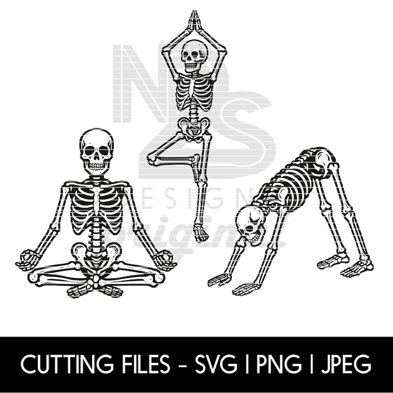 Skeleton Yoga SVG Bundle – Meditating, Tree-pose & Downward Dog ...