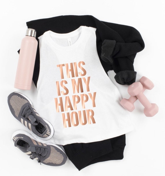 Funny Workout Tank - This Is My Happy Hour - Women's Cropped Racerback Tank Top - Motivational Cropped Workout Bur Fitness OTF  Fit