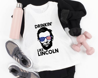 4th of July Drinking Tank - Drinkin' Like Lincoln - Women's Cropped Racerback Tank Top -Happy July 4th BBQ Abe Independence Day Party USA