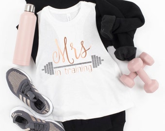 Mrs Workout Tank - Mrs in Training - Women's Cropped Racerback Tank Top - Funny Bride Just Engaged Wedding Sweating  Gift