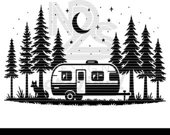 Camping Life SVG, Retro Camper Under Stars Forest Silhouette, Moon & Stars Digital Download, Outdoor Adventure Clipart Cricut Sublimation