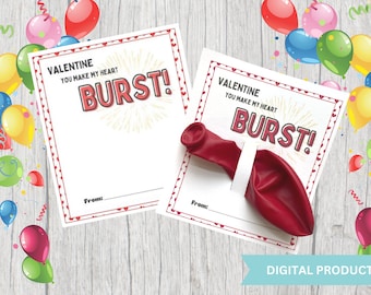 Valentines for School. Valentines for Kids. Printable Valentines Card. Printable Balloon Valentine Card. Non-Candy Valentines. Heart Burst.
