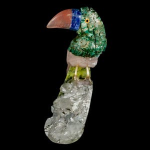 3.1&quot; Hand Carved Bird Perched on Quartz Crystal Toucan Pink Calcite, Serpentine Peru Free Shiping