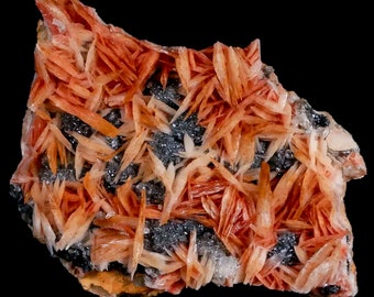 Lames de barytine orange scintillante 2,5 pouces, cristaux de cérusite et spécimen minéral de cristal de galène Mabladen Maroc livraison gratuite