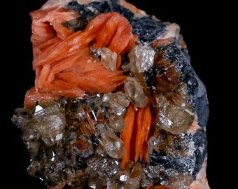 1.5" Sparkly Orange Barite Blades, Cerussite Crystals & Galena Crystal Mineral Specimen Mabladen Morocco Free Shipping