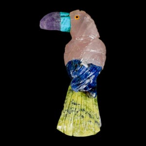3.1&quot; Hand Carved Bird Perched on Quartz Crystal Toucan Pink Calcite, Serpentine Peru Free Shiping