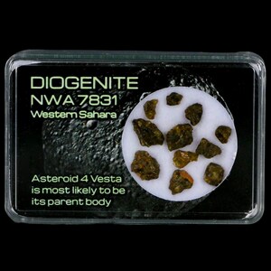 May include: A clear plastic case containing several dark green and brown Diogenite rock fragments. The text on the case reads "DIOGENITE NWA 7831 Western Sahara" and "Asteroid 4 Vesta is most likely to be its parent body."