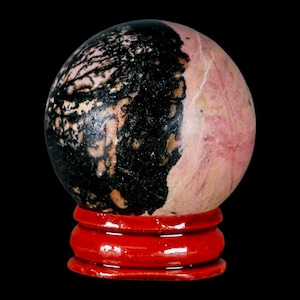 40MM Natural Rhodonite Mineral Crystal Sphere, Ball, Orb Peru Free Stand Free Shipping