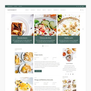May include: A website for a gourmet food blog or online store. The website features images of desserts, side dishes, and snacks, along with recipes and a newsletter signup.