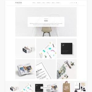 Puede incluir: Una p&aacute;gina de inicio de sitio web que presenta una variedad de maquetas de dise&ntilde;o, que incluyen un rastreador de estado f&iacute;sico, una revista, una maqueta de empaque, una bolsa de papel y un kit de marca. El sitio web se llama "Finesse" y tiene un dise&ntilde;o minimalista.