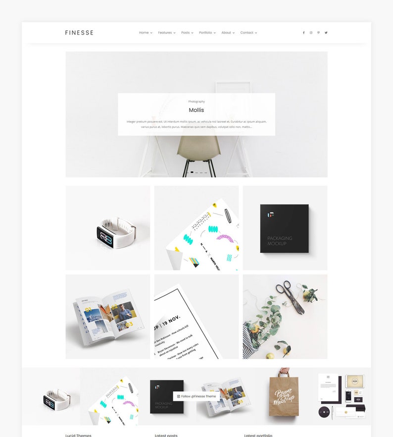 Puede incluir: Una p&aacute;gina de inicio de sitio web que presenta una variedad de maquetas de dise&ntilde;o, que incluyen un rastreador de estado f&iacute;sico, una revista, una maqueta de empaque, una bolsa de papel y un kit de marca. El sitio web se llama "Finesse" y tiene un dise&ntilde;o minimalista.