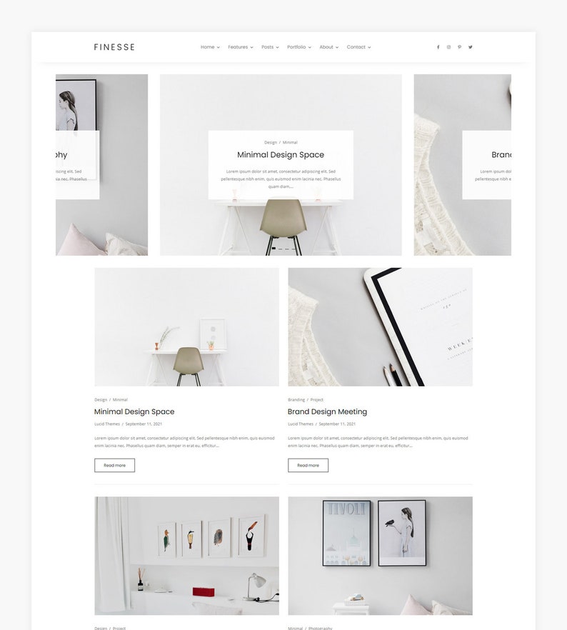 Puede incluir: Una captura de pantalla de un sitio web que muestra un dise&ntilde;o de publicaci&oacute;n de blog con un fondo blanco y un dise&ntilde;o minimalista. La publicaci&oacute;n del blog presenta im&aacute;genes de una silla, un escritorio y un cuaderno. El texto en la p&aacute;gina incluye las palabras "Minimal Design Space" y "Brand Design Meeting".
