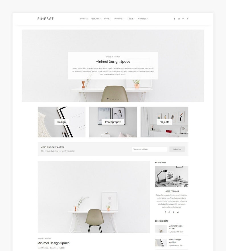 Puede incluir: Una p&aacute;gina de inicio de un sitio web para un estudio de dise&ntilde;o llamado Finesse. El sitio web presenta un dise&ntilde;o minimalista con un fondo blanco y texto negro. La p&aacute;gina de inicio incluye un encabezado con el nombre del estudio, una barra de navegaci&oacute;n y una secci&oacute;n destacada con el texto "Minimal Design Space". La p&aacute;gina de inicio tambi&eacute;n incluye una secci&oacute;n con las &uacute;ltimas publicaciones del estudio, una secci&oacute;n sobre el estudio y una secci&oacute;n para unirse al bolet&iacute;n del estudio.