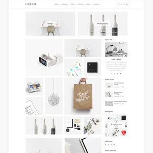 Puede incluir: Una p&aacute;gina de inicio de sitio web con una cuadr&iacute;cula de im&aacute;genes que muestran proyectos de dise&ntilde;o, fotograf&iacute;a y branding. El sitio web se llama "Finesse" y presenta un dise&ntilde;o minimalista con un fondo blanco y texto negro.
