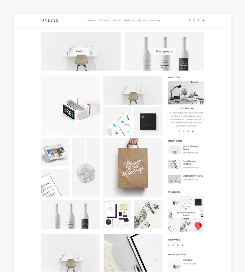 Puede incluir: Una p&aacute;gina de inicio de sitio web con una cuadr&iacute;cula de im&aacute;genes que muestran proyectos de dise&ntilde;o, fotograf&iacute;a y branding. El sitio web se llama "Finesse" y presenta un dise&ntilde;o minimalista con un fondo blanco y texto negro.