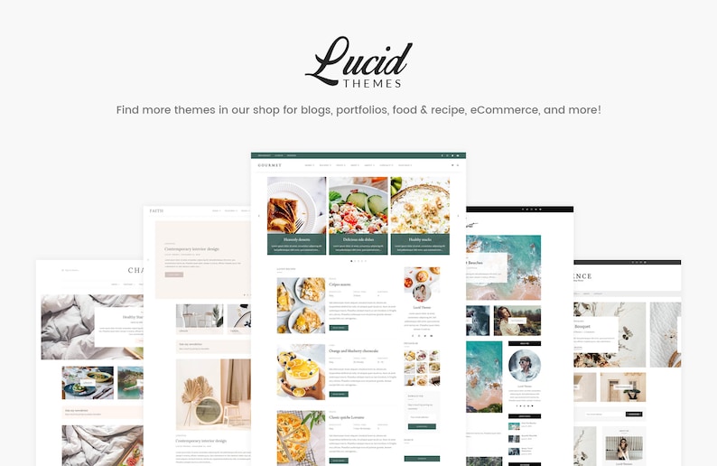 Puede incluir: Capturas de pantalla del sitio web que muestran diferentes temas para blogs, portafolios, comida y recetas, comercio electr&oacute;nico y m&aacute;s. El sitio web se llama Lucid Themes.