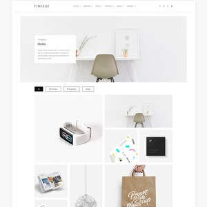 Puede incluir: Un portafolio de dise&ntilde;o web que muestra una variedad de maquetas, incluyendo un rastreador de fitness blanco, una bolsa de papel con el texto "Paper Bag Mockup", una maqueta de revista, una l&aacute;mpara colgante blanca y una caja negra con el texto "Mockup" en ella.