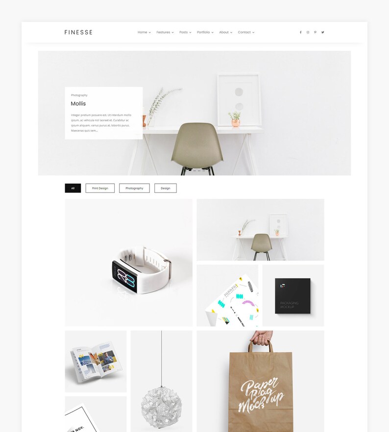 Puede incluir: Un portafolio de dise&ntilde;o web que muestra una variedad de maquetas, incluyendo un rastreador de fitness blanco, una bolsa de papel con el texto "Paper Bag Mockup", una maqueta de revista, una l&aacute;mpara colgante blanca y una caja negra con el texto "Mockup" en ella.