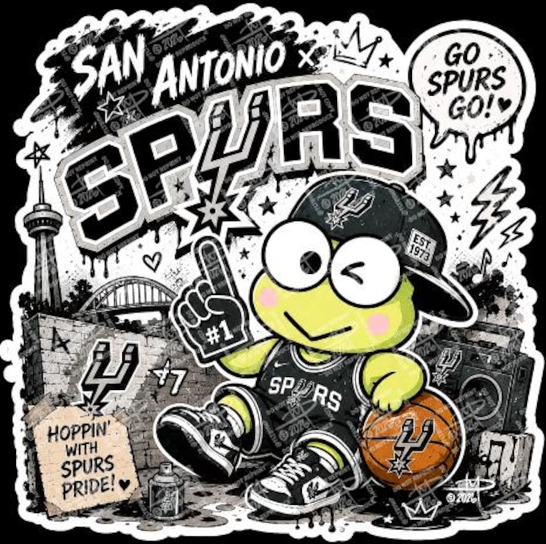 Puede incluir: Gr&aacute;fico en blanco y negro con una rana de dibujos animados que lleva una camiseta y gorra de los San Antonio Spurs, sosteniendo un bal&oacute;n de baloncesto. La imagen incluye el texto "San Antonio Spurs" y "Go Spurs Go!"