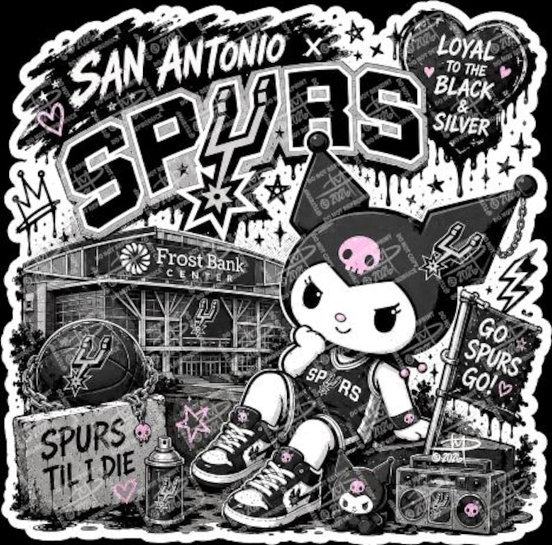 Puede incluir: Gr&aacute;fico en blanco y negro con un personaje de dibujos animados con una camiseta de los Spurs, zapatillas y un sombrero. La imagen incluye el texto "San Antonio Spurs", "Spurs Til I Die" y "Go Spurs Go!" con una pelota de baloncesto y el Frost Bank Center.