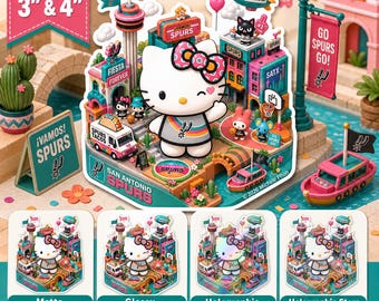 Pegatina de Hello Kitty de los Spurs / Arte para fans de los Spurs / Calcomanía de vinilo de San Antonio NBA / Fiesta Kawaii Sanrio / Retro City (Mate/Brillante/Holográfica)