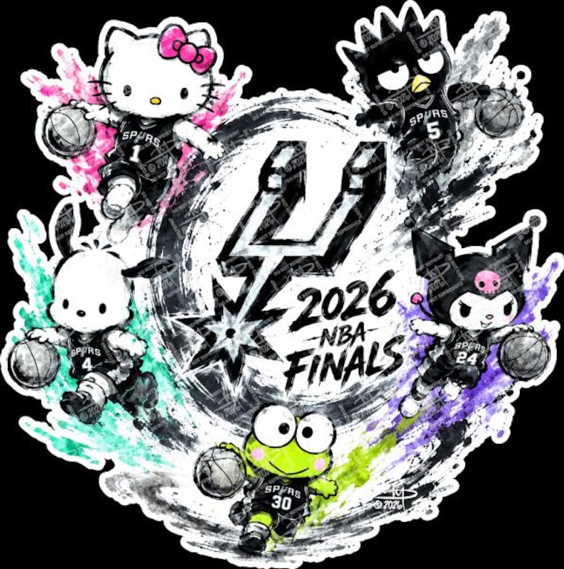 May include: A graphic design featuring Sanrio characters Hello Kitty, Badtz-Maru, Pochacco, Kuromi, and Keroppi wearing San Antonio Spurs basketball jerseys. The central logo is surrounded by the text 2026 NBA FINALS with colorful paint splatters.