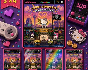 Pegatina de Hello Kitty Spurs de 8 bits en píxeles / Arte retro de los Spurs para fans / Calcomanía de vinilo Go Spurs / San Antonio NBA Sanrio (mate/brillante/holográfica)