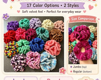 Coleteros de terciopelo de ganchillo hechos a mano – 17 opciones de color / Estilos jumbo y regular / Suaves y lujosos