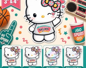 Hello Kitty Spurs Pegatina / Spurs Fan Art / San Antonio NBA Vinilo Calcomanía / Fiesta Kawaii Sanrio / Retro v2 (Mate/Brillante/Holográfico)