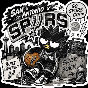 Puede incluir: Gr&aacute;fico en blanco y negro con el logotipo y la mascota de los San Antonio Spurs. La imagen incluye las palabras "San Antonio Spurs", "Built Different" y "Silver & Black". Un p&aacute;jaro de dibujos animados sostiene un baloncesto.