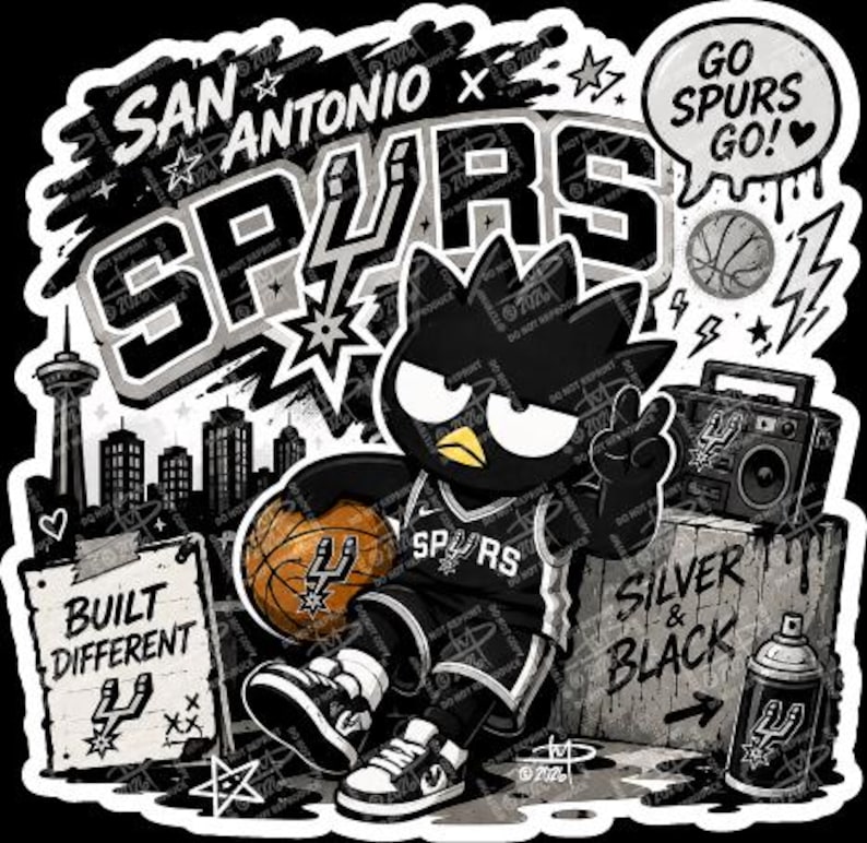 Puede incluir: Gr&aacute;fico en blanco y negro con el logotipo y la mascota de los San Antonio Spurs. La imagen incluye las palabras "San Antonio Spurs", "Built Different" y "Silver & Black". Un p&aacute;jaro de dibujos animados sostiene un baloncesto.