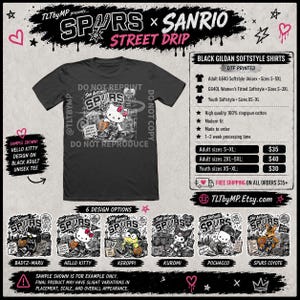Puede incluir: Camiseta unisex negra con un dise&ntilde;o de Hello Kitty y la marca San Antonio Spurs. La camiseta incluye el texto "Do Not Reprint" y "Do Not Reproduce". Se muestran opciones de dise&ntilde;o adicionales debajo de la camiseta.