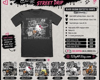 Camiseta Hello Kitty Sanrio Spurs Coyote / Arte de fan de los Spurs / San Antonio NBA / Badtz Maru Keroppi Kuromi Pochacco 100% algodón hilado en anillo