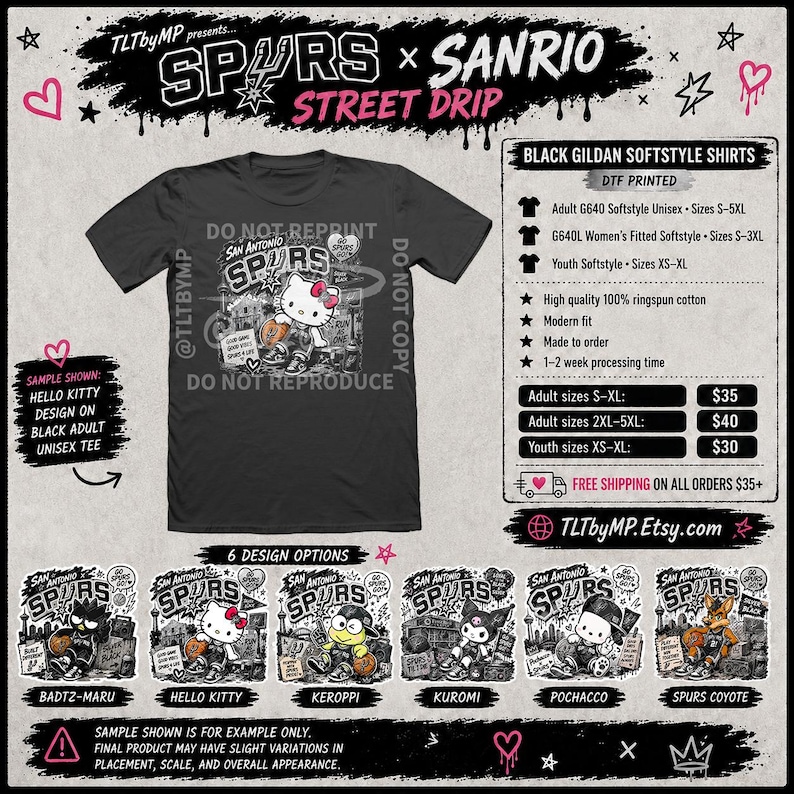 Puede incluir: Camiseta unisex negra con un dise&ntilde;o de Hello Kitty y la marca San Antonio Spurs. La camiseta incluye el texto "Do Not Reprint" y "Do Not Reproduce". Se muestran opciones de dise&ntilde;o adicionales debajo de la camiseta.