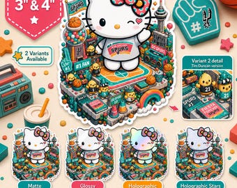 Pegatina de Hello Kitty de los Spurs / Arte para fans de los Spurs / Calcomanía de vinilo de San Antonio NBA / Sanrio Retro Wemby Area 51/Duncan (Mate/Brillante/Holográfica)