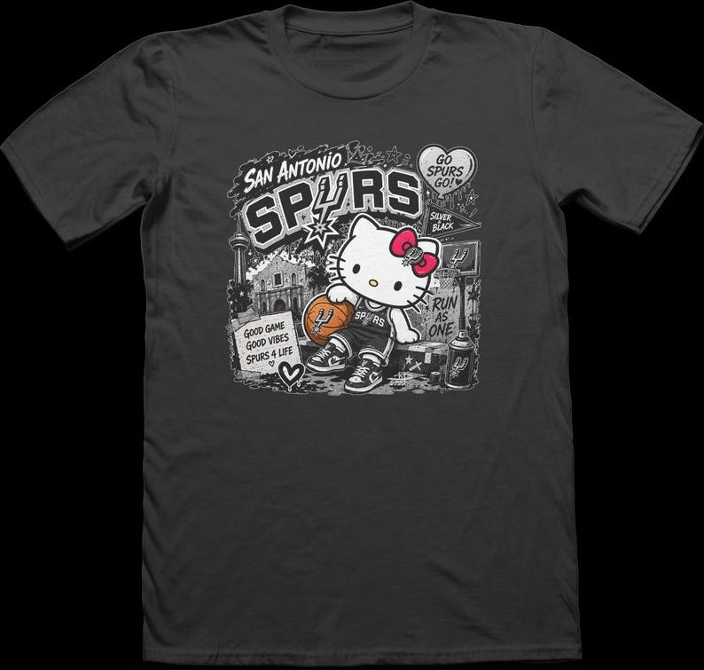 Camiseta Hello Kitty Sanrio Spurs Coyote / Arte de fan de los Spurs / San Antonio NBA / Badtz Maru Keroppi Kuromi Pochacco 100% algodón hilado en anillo imagen 9
