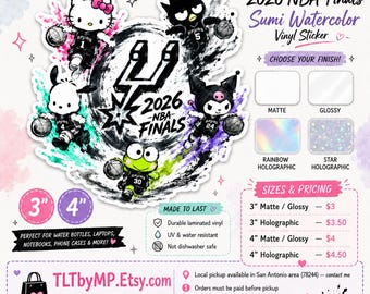 Naklejka winylowa Sanrio Spurs 2026 NBA Finals Fan Art | Akwarela | Hello Kitty Badtz Maru Pochacco Keroppi Kuromi (matowa/błyszcząca/holograficzna)