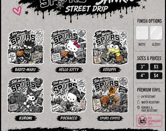 Pegatinas de vinilo Hello Kitty Sanrio Spurs Coyote / Arte de fans de los Spurs / San Antonio NBA / Badtz Maru Keroppi Kuromi Pochacco (Mate/Brillante)