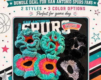 PAQUETE: Coletero de terciopelo de los San Antonio Spurs / Coletero retro plateado y negro / Coleteros jumbo y regulares / Accesorio para el cabello de los fanáticos de los Spurs de la NBA