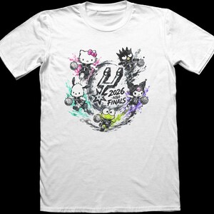 May include: A white short-sleeve t-shirt featuring a graphic of Sanrio characters playing basketball. The design includes the San Antonio Spurs logo and the text 2026 NBA FINALS, surrounded by colorful paint splatters and basketballs.