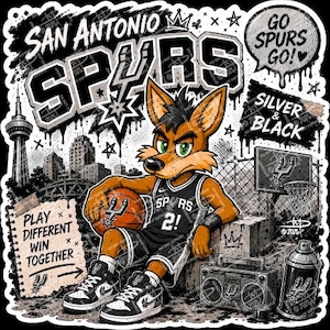 Puede incluir: Gr&aacute;fico tem&aacute;tico de los San Antonio Spurs con un zorro de dibujos animados con uniforme de baloncesto, sosteniendo un bal&oacute;n. La imagen incluye las palabras "San Antonio Spurs", "Silver & Black" y "Go Spurs Go!" en estilo graffiti.