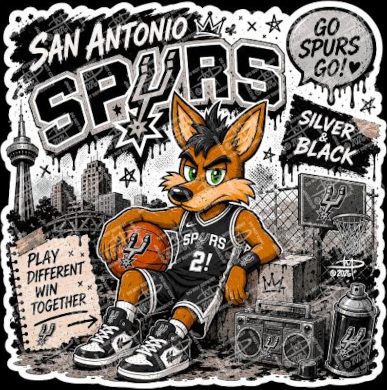 Puede incluir: Gr&aacute;fico tem&aacute;tico de los San Antonio Spurs con un zorro de dibujos animados con uniforme de baloncesto, sosteniendo un bal&oacute;n. La imagen incluye las palabras "San Antonio Spurs", "Silver & Black" y "Go Spurs Go!" en estilo graffiti.