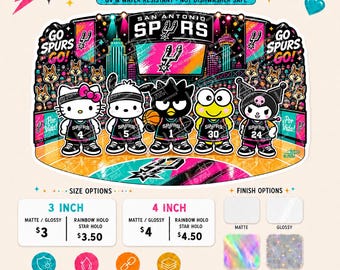 Pegatina de Sanrio de los Spurs / Arte de fans de los Spurs / San Antonio NBA / Fiesta Hello Kitty Pochacco Badtz Maru Keroppi Kuromi (Mate/Brillante/Holográfico)